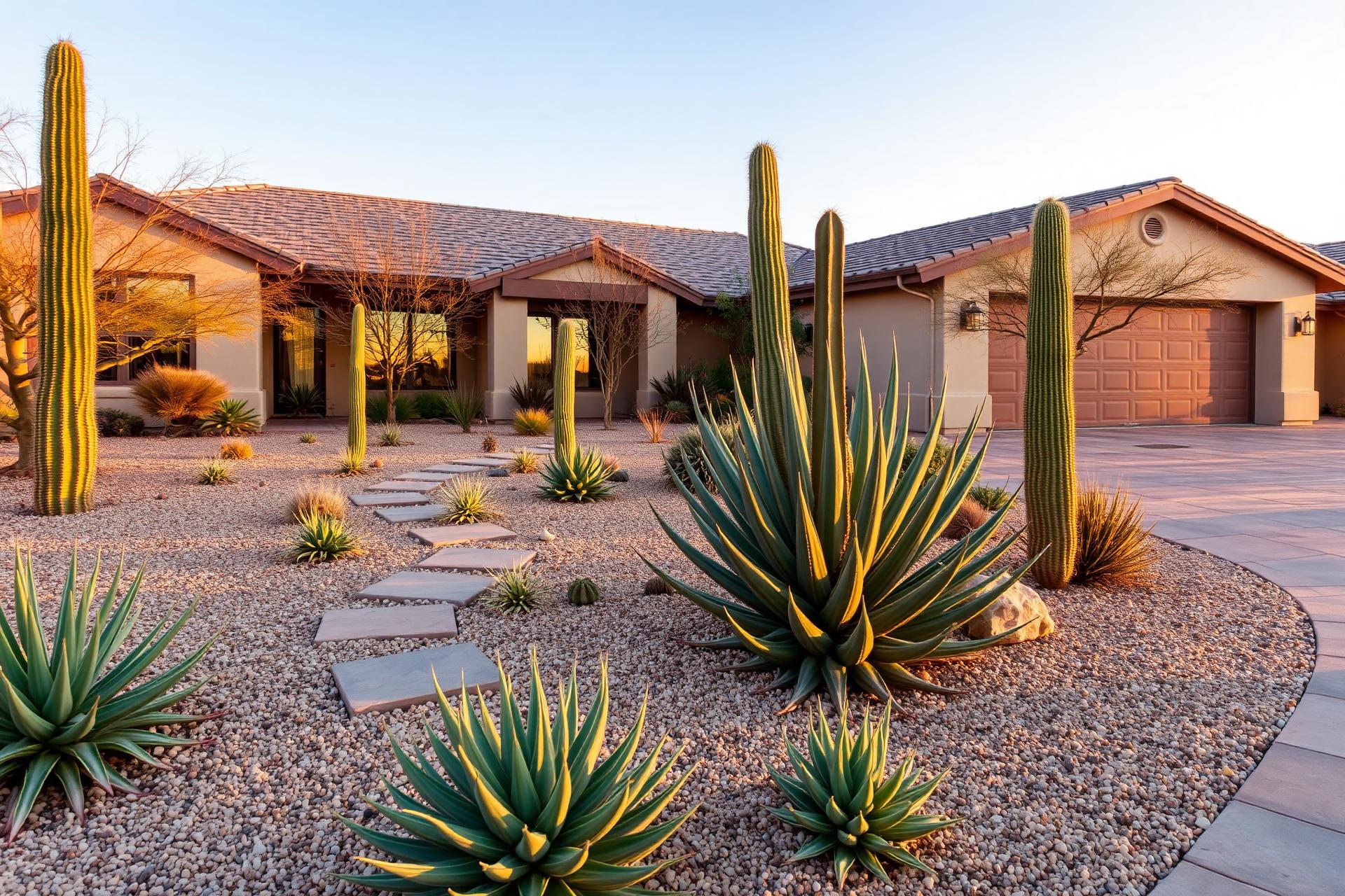 Tucson desert landscaping with saguaros, agave and a flagstone walkway